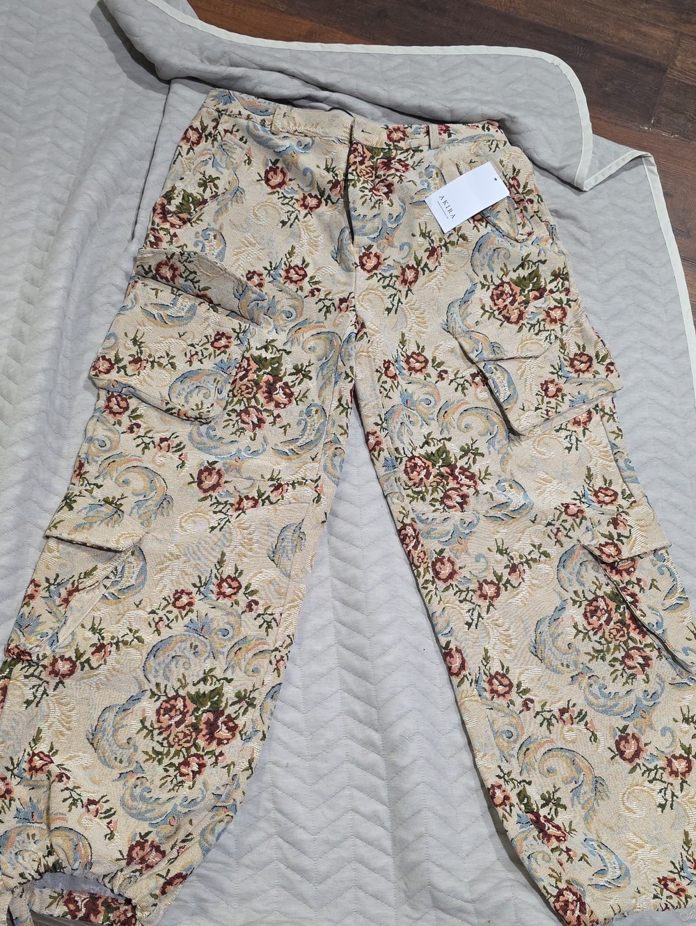 AKIRA Beige Floral Jacquard Cargo Pants with Blue and Red Accents